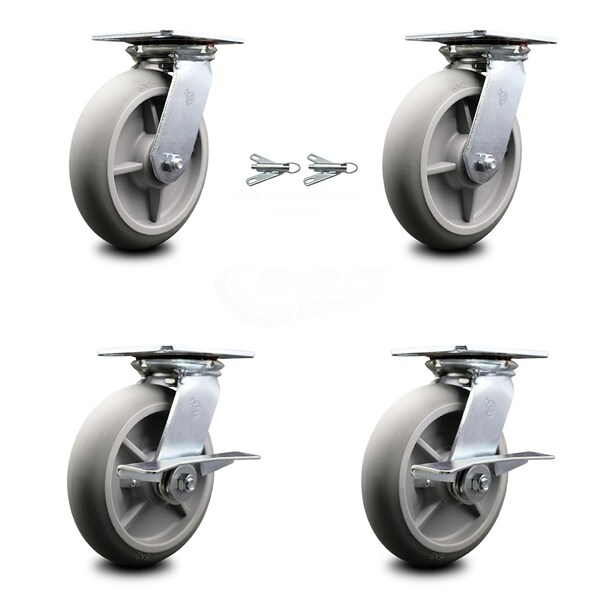 8 Inch Thermoplastic Rubber Swivel Caster Swivel Locks 2 Brakes SCC, 2PK